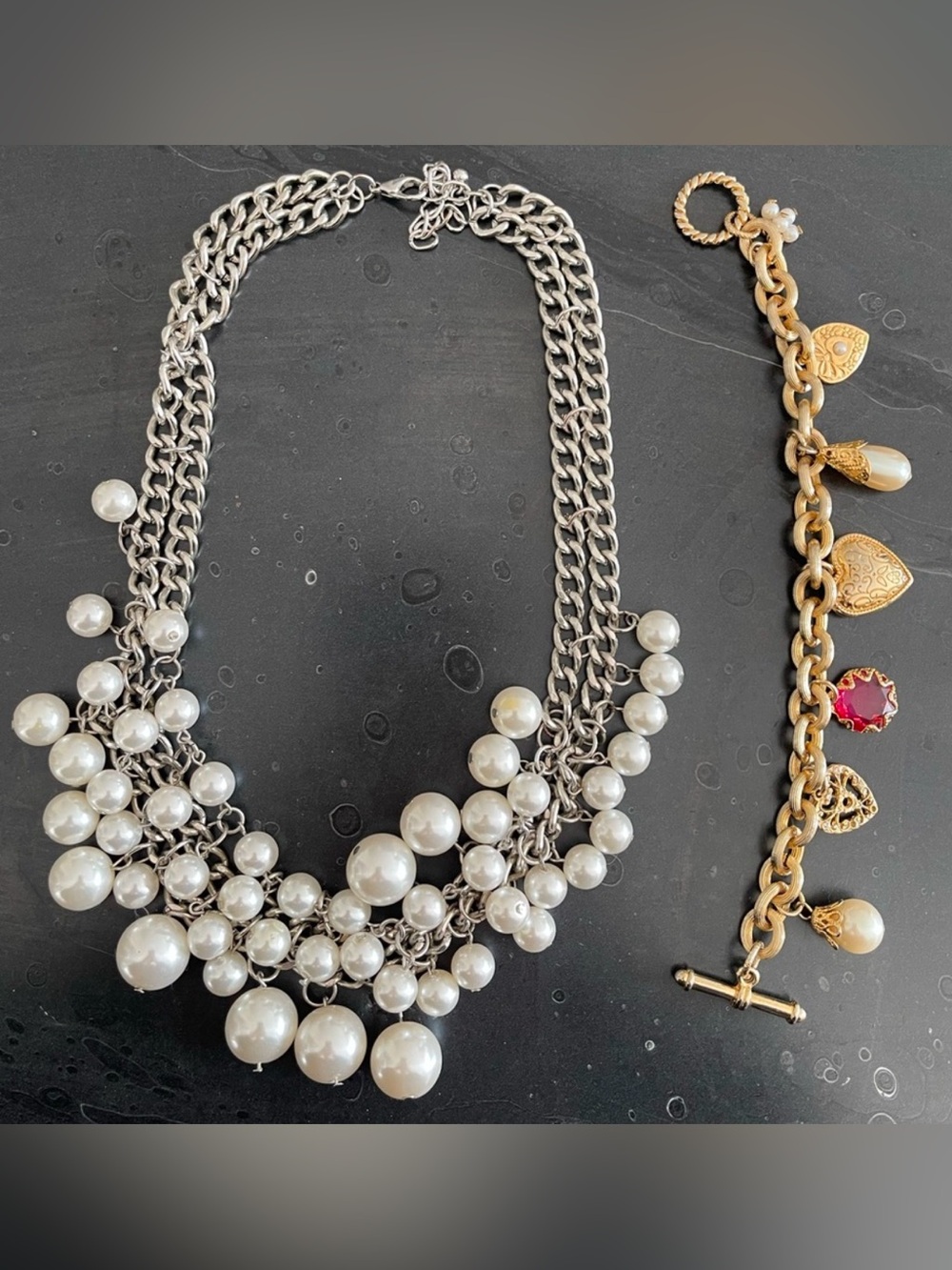 Unbranded Pearl Cluster Statement Necklace and charm bracelet.
